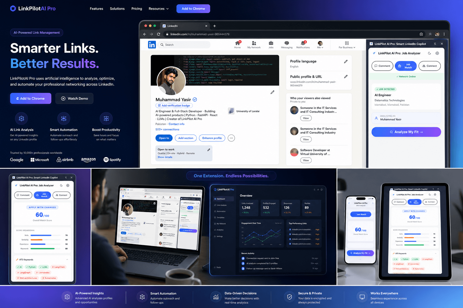LinkPilot AI Pro extension open inside LinkedIn showing a job match score of 87%