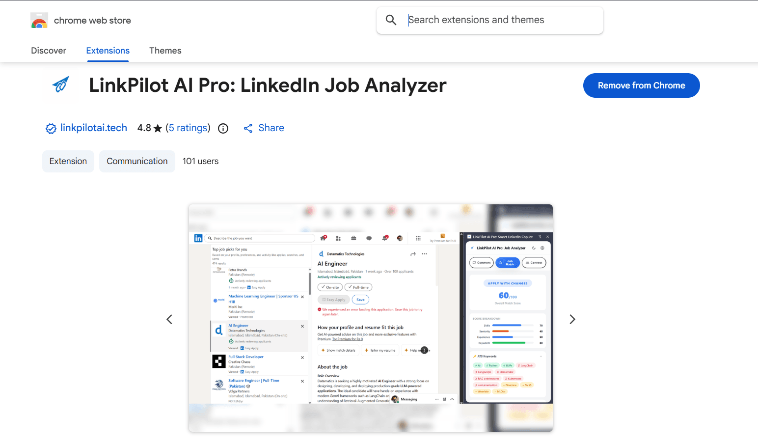 Chrome Web Store page showing LinkPilot AI Pro extension installation