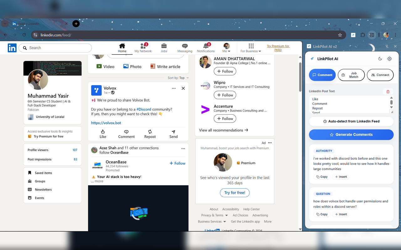 LinkPilot AI Pro comment generator showing three tone options for a LinkedIn post comment