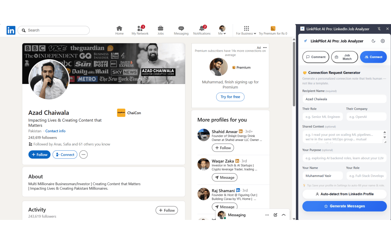 LinkPilot AI Pro connection note generator with a personalised draft message ready to send