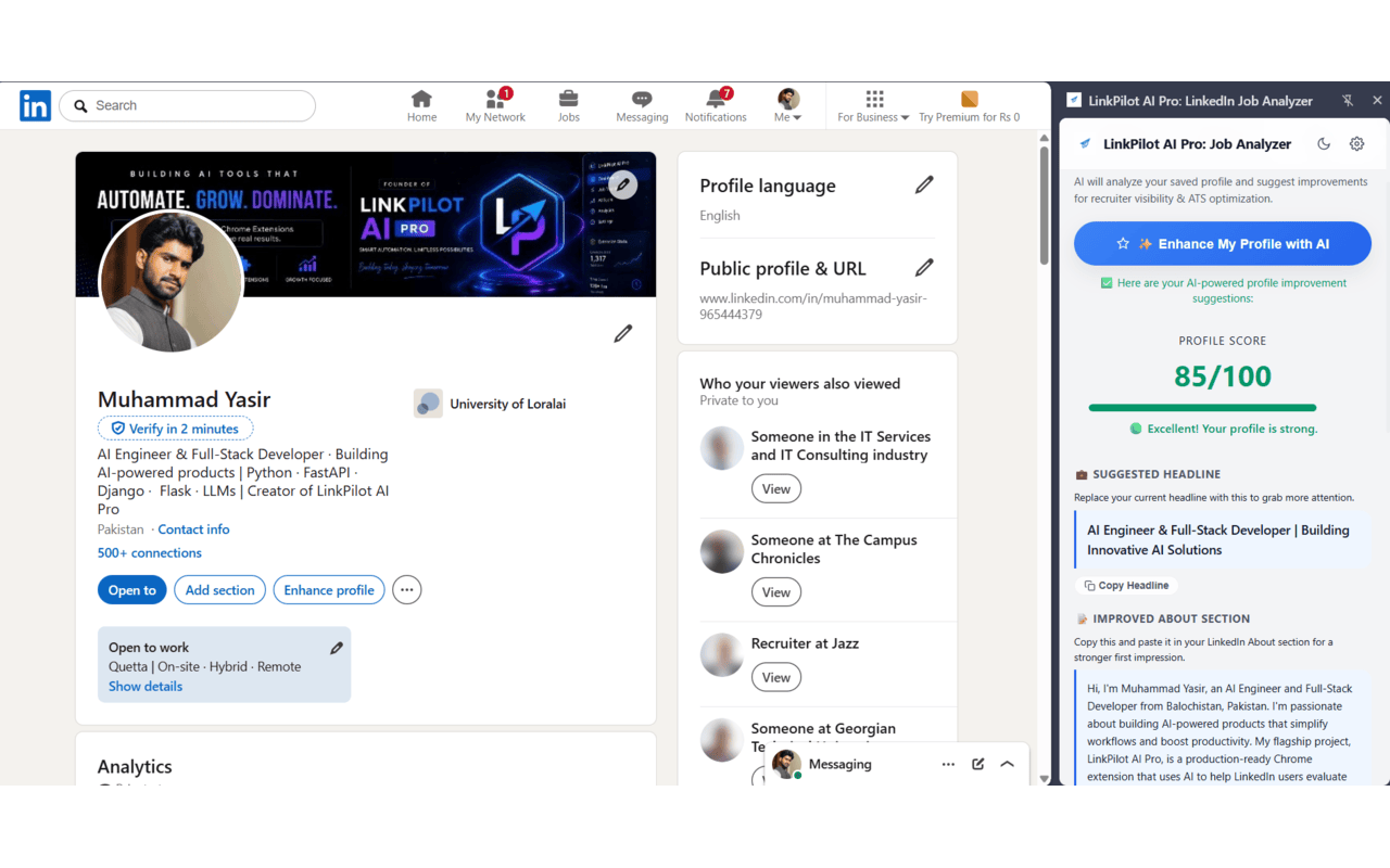 LinkPilot AI Pro profile improvement tips panel showing prioritised suggestions for a software engineer