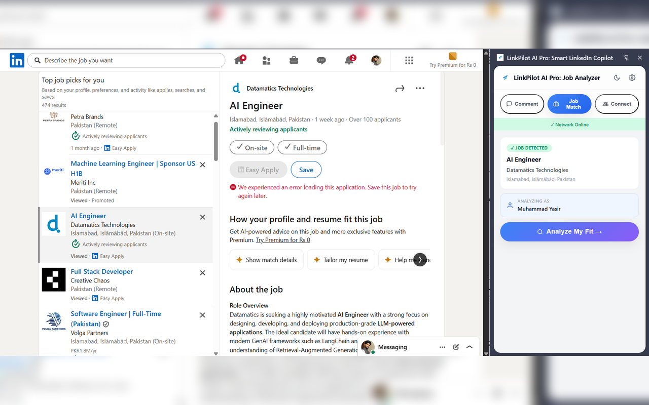 LinkedIn job post open with LinkPilot AI Pro side panel visible on the right
