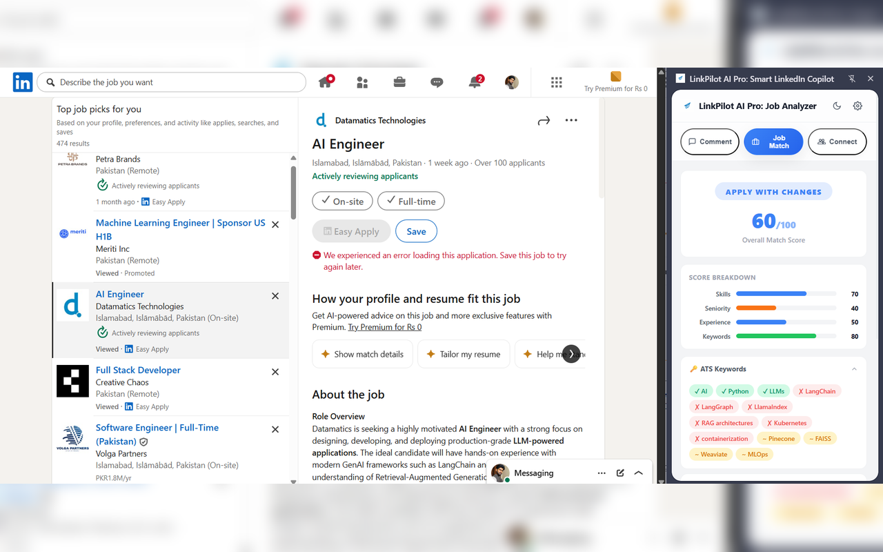 LinkPilot AI Pro panel showing a job match score breakdown and missing skills list
